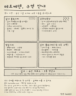 테르메덴 공식 시설 소개의 구역(실내 풀&스파, 온천대욕장, 찜질스파, 실외 풀&스파)과 구성 시설 이름을 정리한 손그림. 칸의 위치는 실제 배치가 아니에요.